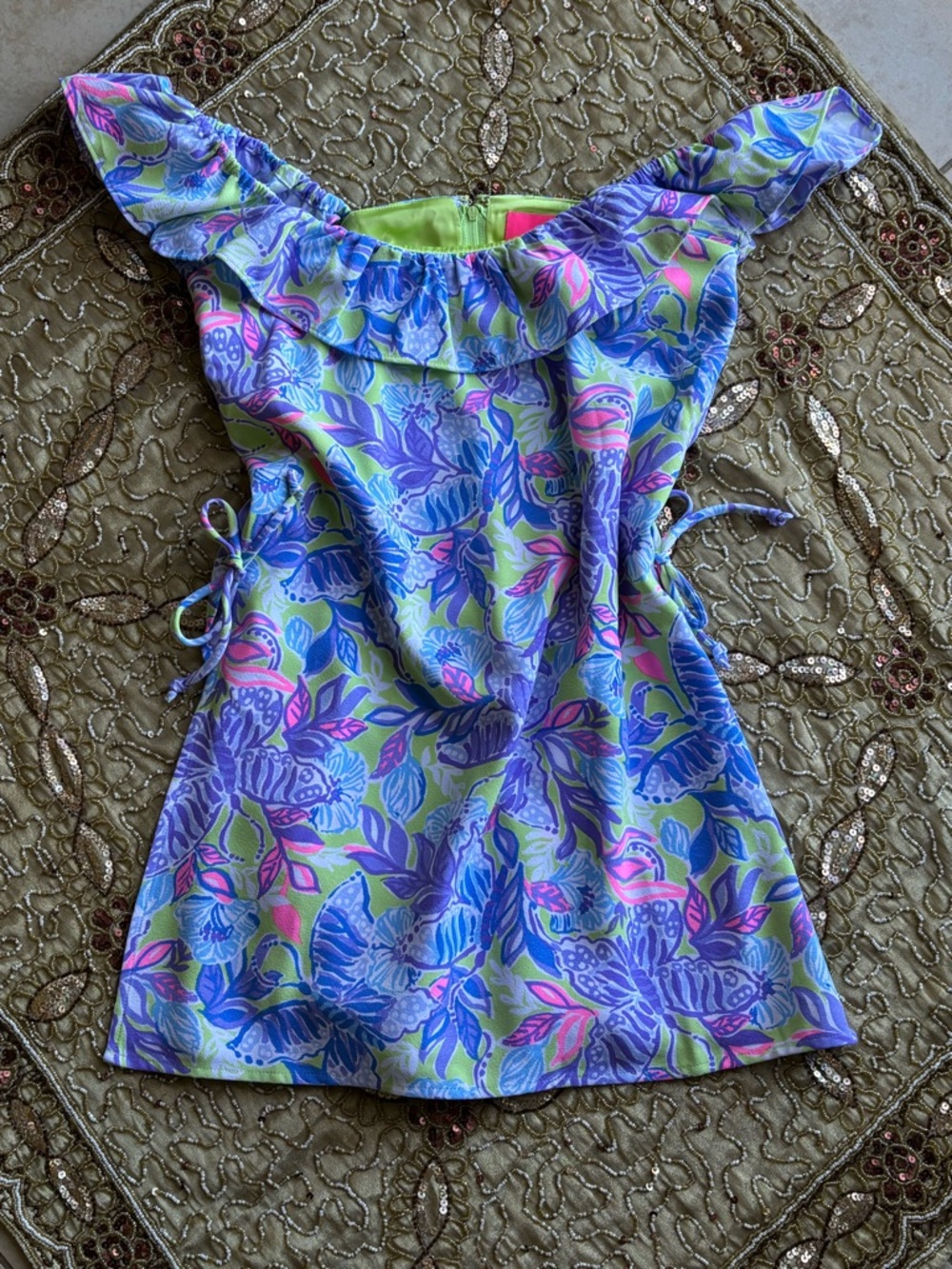 Lilly Pulitzer Multicolor Floral Off-Shoulder Dress in Blue, Pink & Lime